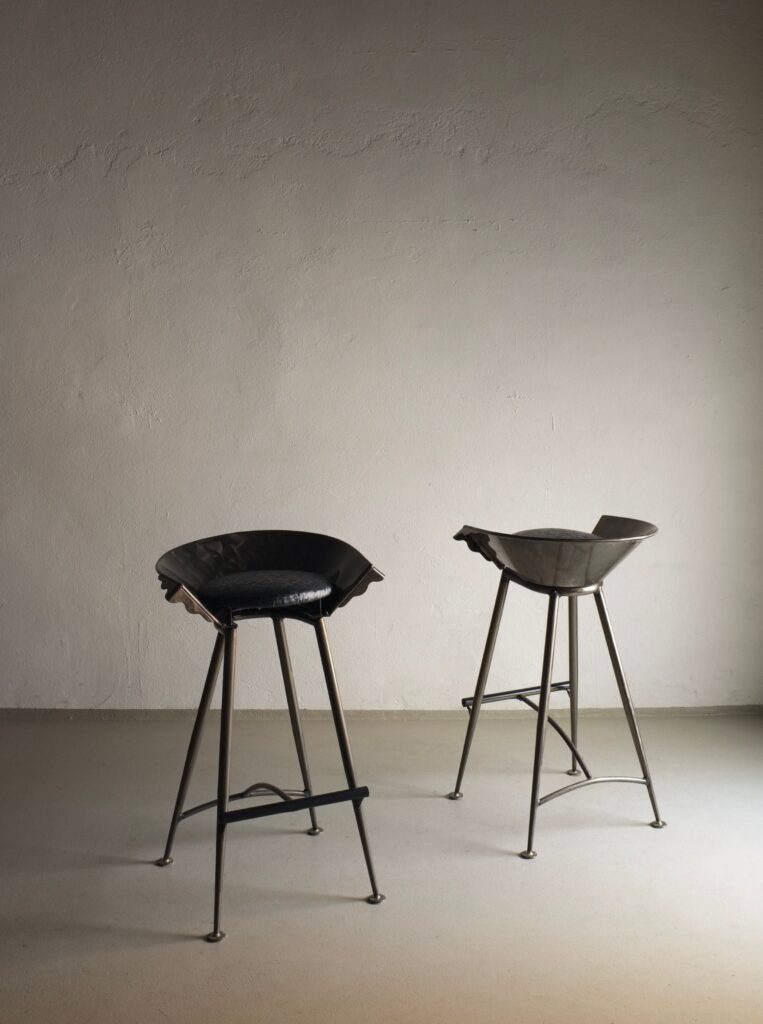 Set of 2 Brutalist Cast Metal Bar Stools